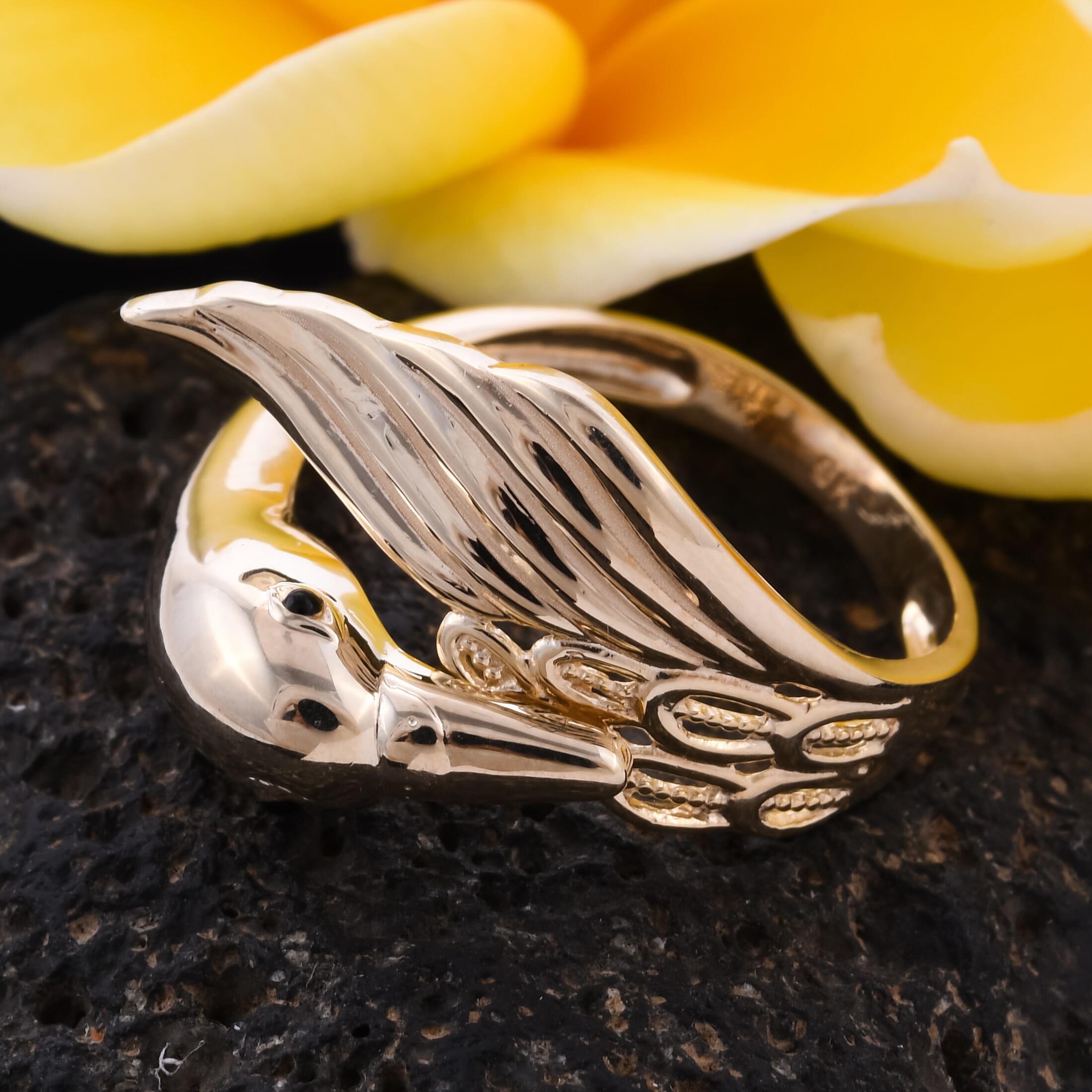 Royal Bali Collection - 9K Yellow Gold Enamelled Swan Ring, Gold wt. 3.20 Gms