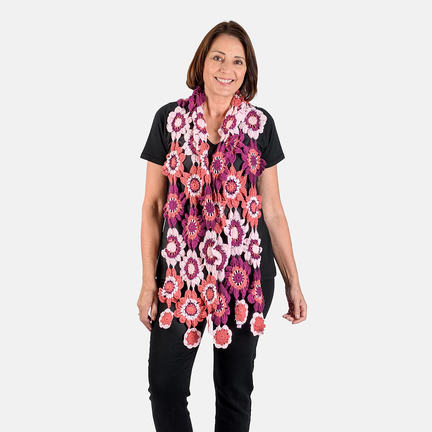 Limited Collection La Marey 100% Cotton Hand Crochet Red - Multi Colour Floral Scarf (Size 144x27x7cm)