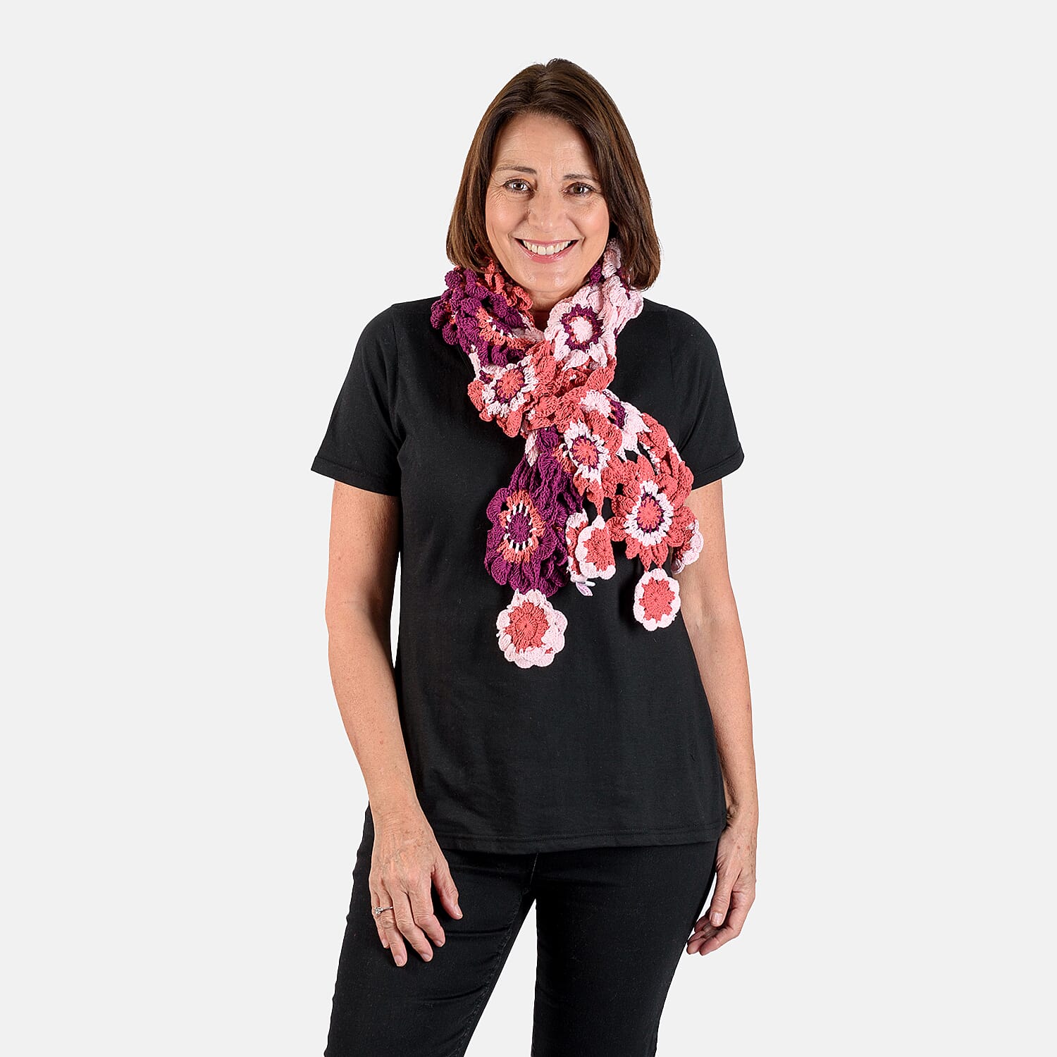 Limited Collection La Marey 100% Cotton Hand Crochet Red - Multi Colour Floral Scarf (Size 144x27x7cm)