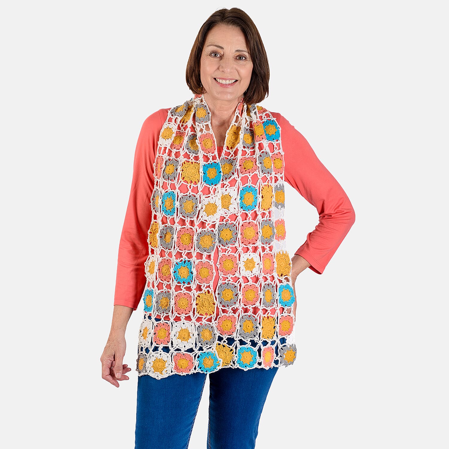 Limited Collection La Marey 100% Cotton Hand Crochet White, Mustard - Multi Colour Floral Scarf (Size 144x27x7 cm)