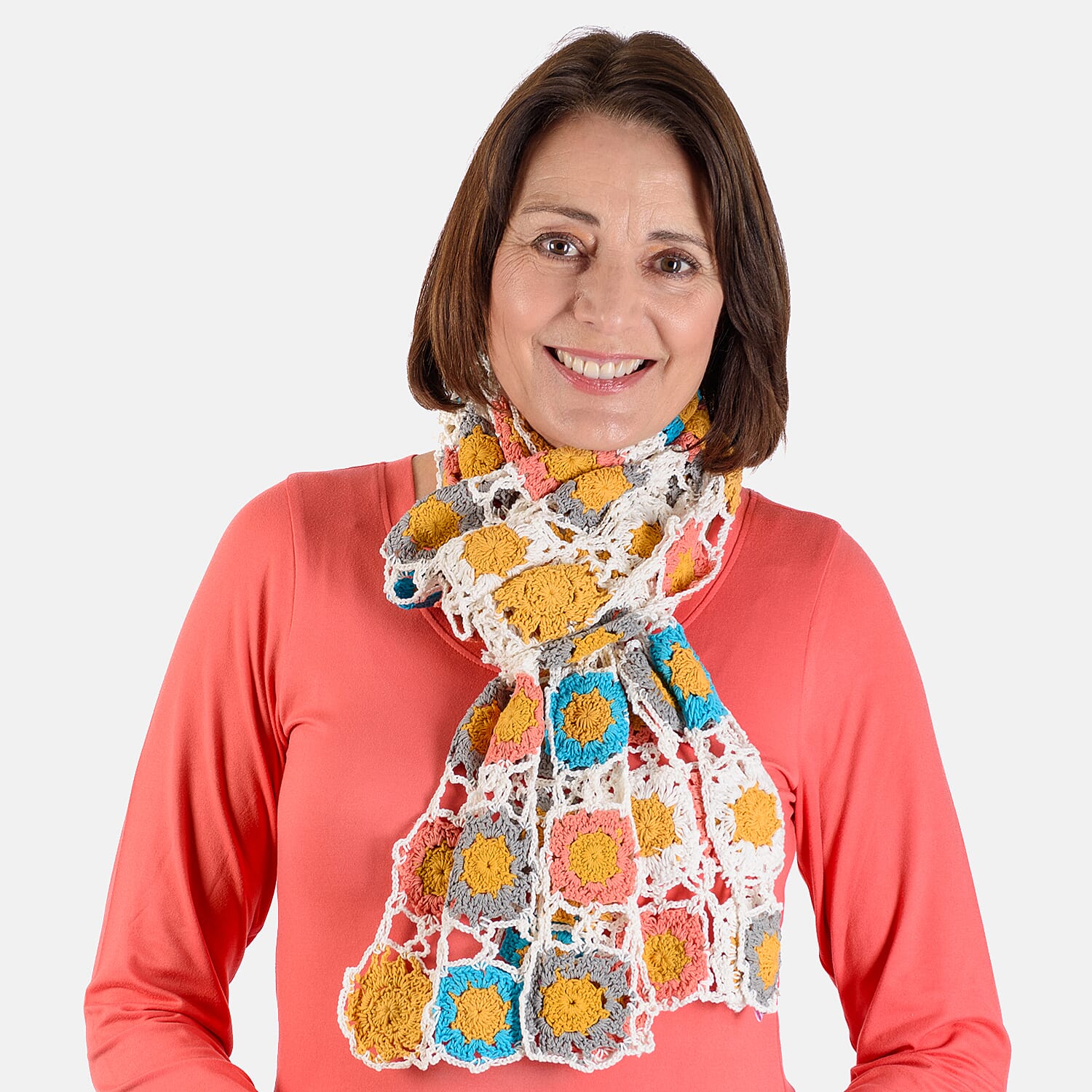 Limited Collection La Marey 100% Cotton Hand Crochet White, Mustard - Multi Colour Floral Scarf (Size 144x27x7 cm)