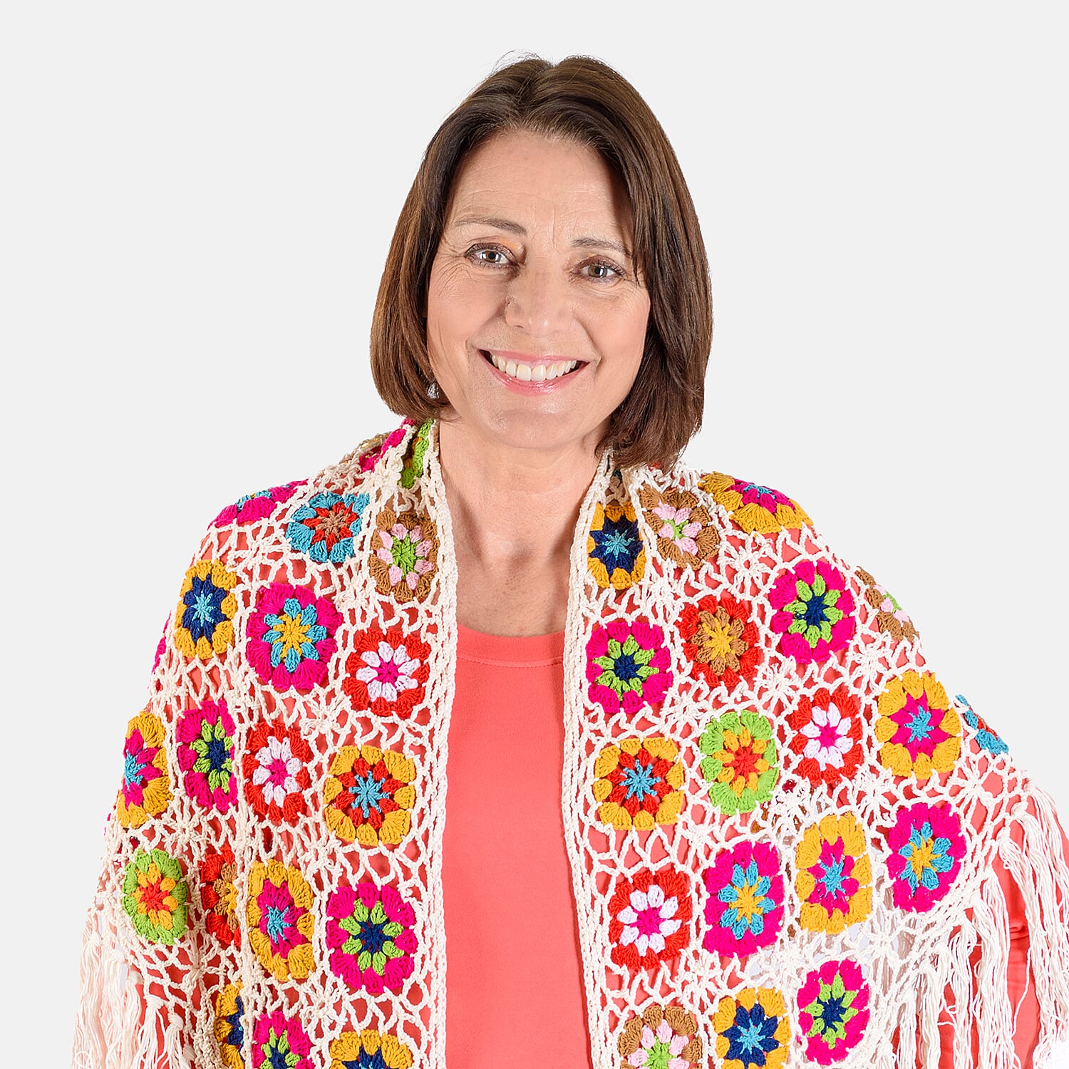 Limited Collection La Marey 100% Cotton Hand Crochet White, Green - Multi Colour Floral Shawl (160x86x18cm)