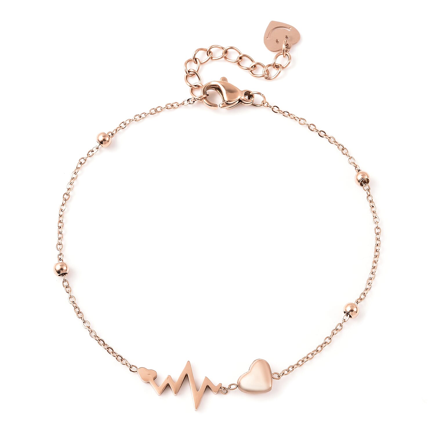 Heart and Heartbeat Bracelet (Size 7 with 1 inch Ext.) in Rose Gold Tone Stainless Steel
