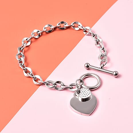 White Austrian Crystal Heart Charm Bracelet (Size 7) With T-Bar Clasp in Stainless Steel