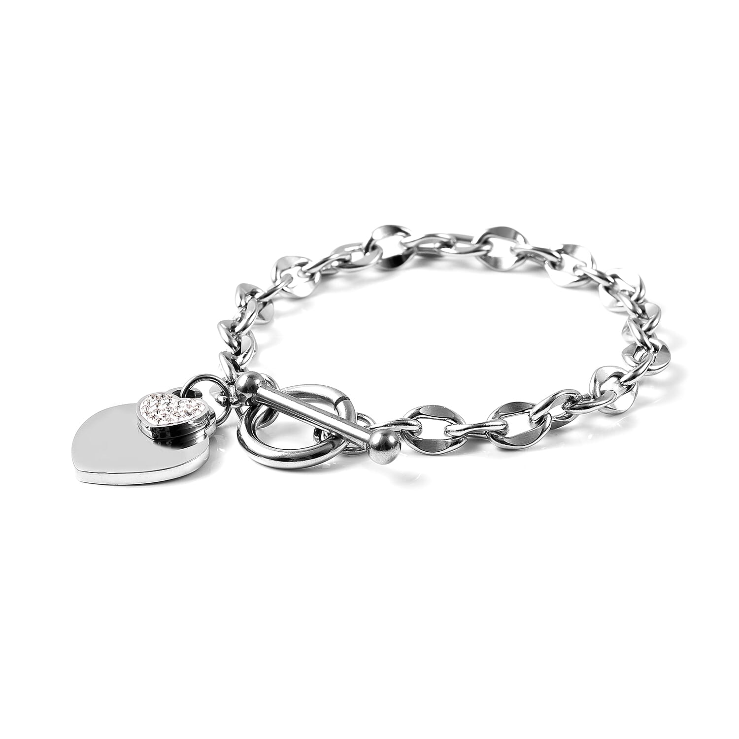 White Austrian Crystal Heart Charm Bracelet (Size 7) With T-Bar Clasp in Stainless Steel