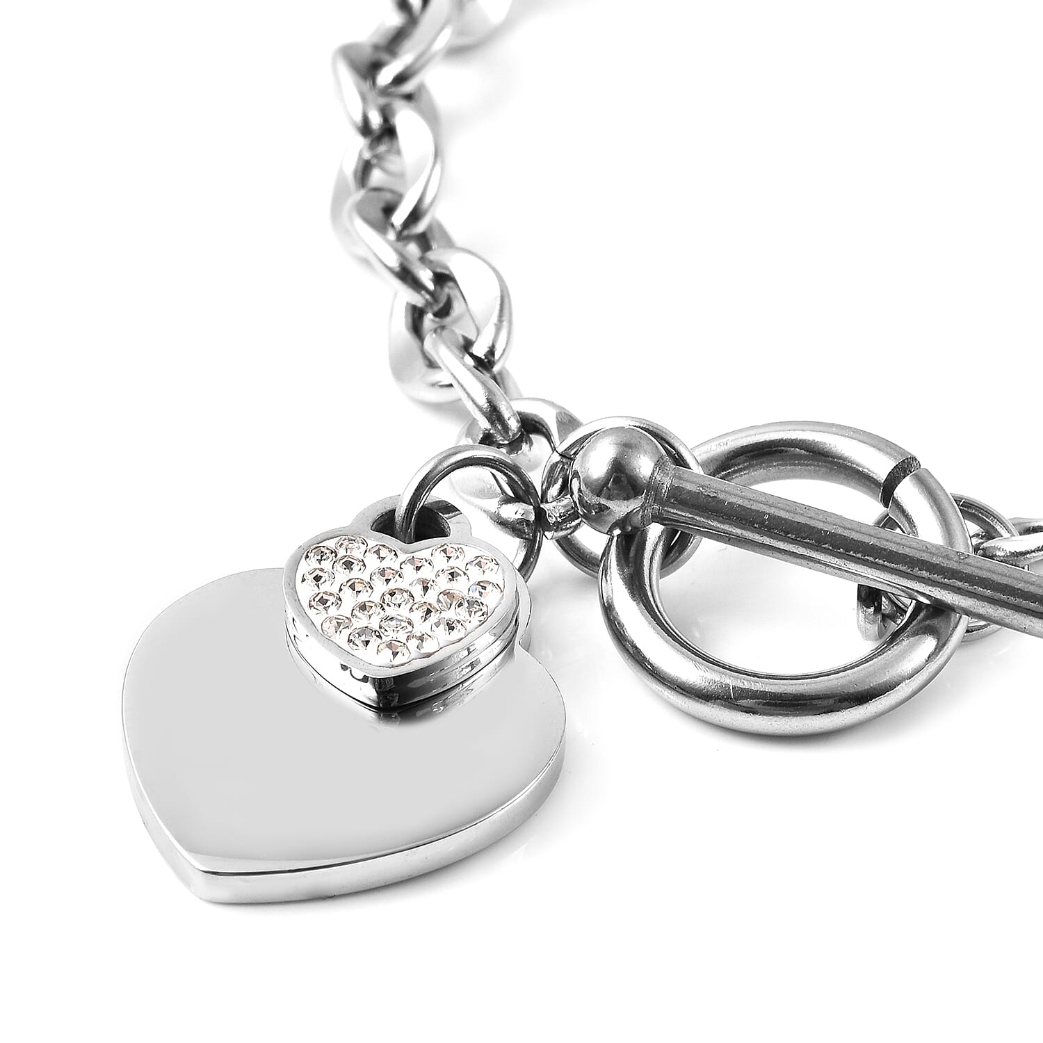 White Austrian Crystal Heart Charm Bracelet (Size 7) With T-Bar Clasp in Stainless Steel