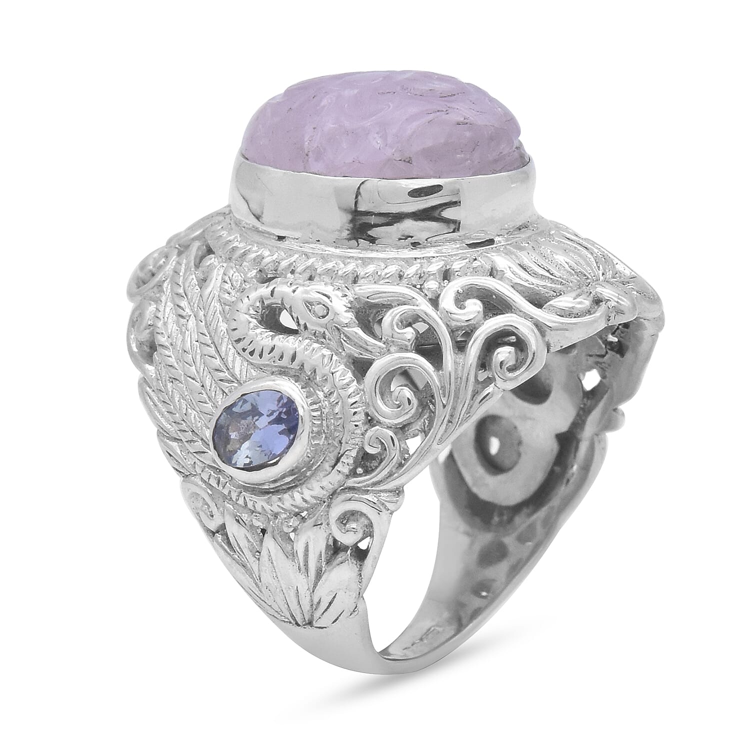 Royal Bali Collection - Carved Kunzite and Tanzanite Ring in Sterling Silver