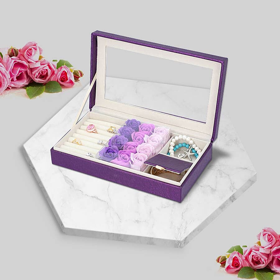 Shimmering Jewellery Box (25.4x5x15.2cm) with Matching Soap Flowers (12 Pcs) - Purple