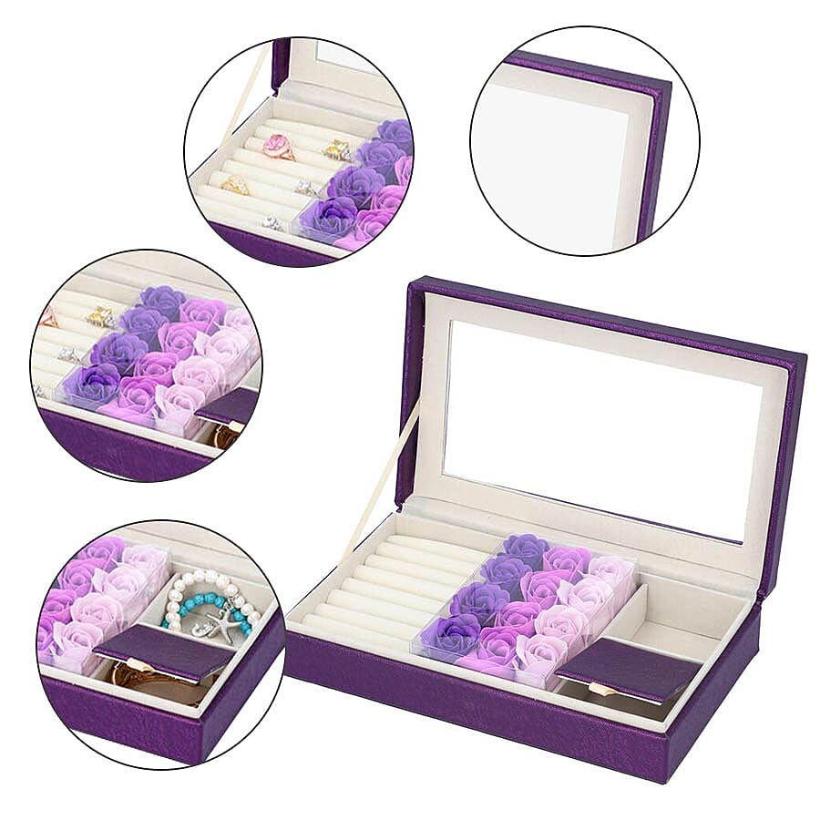 Shimmering Jewellery Box (25.4x5x15.2cm) with Matching Soap Flowers (12 Pcs) - Purple