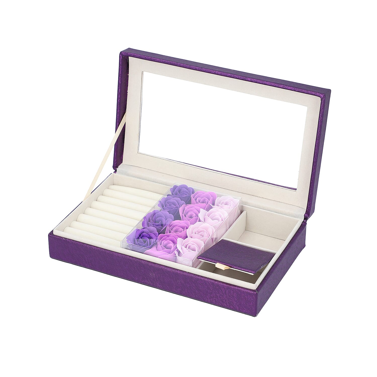 Shimmering Jewellery Box (25.4x5x15.2cm) with Matching Soap Flowers (12 Pcs) - Purple