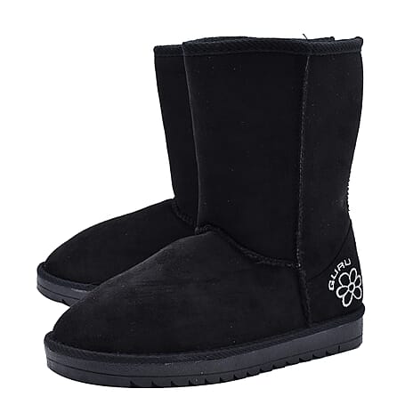 GURU Womens Winter Faux Suede Fluffy Boots (Size 4) - Black