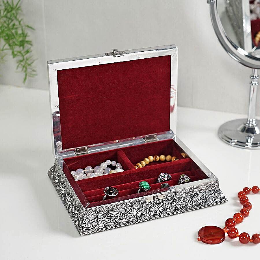 3D Embossed Collection Handcrafted Peacock Oxidised Jewellery Box (Size 23x17.7 Cm) with Red Velvet Interior