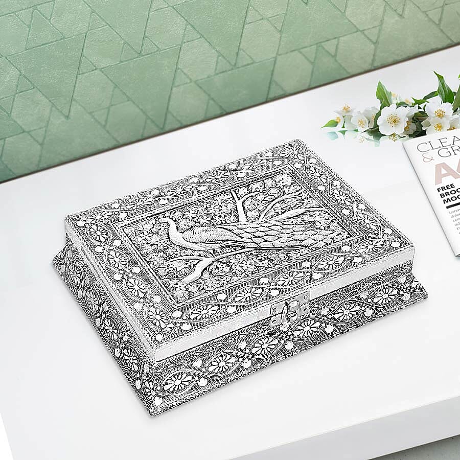 3D Embossed Collection Handcrafted Peacock Oxidised Jewellery Box (Size 23x17.7 Cm) with Red Velvet Interior