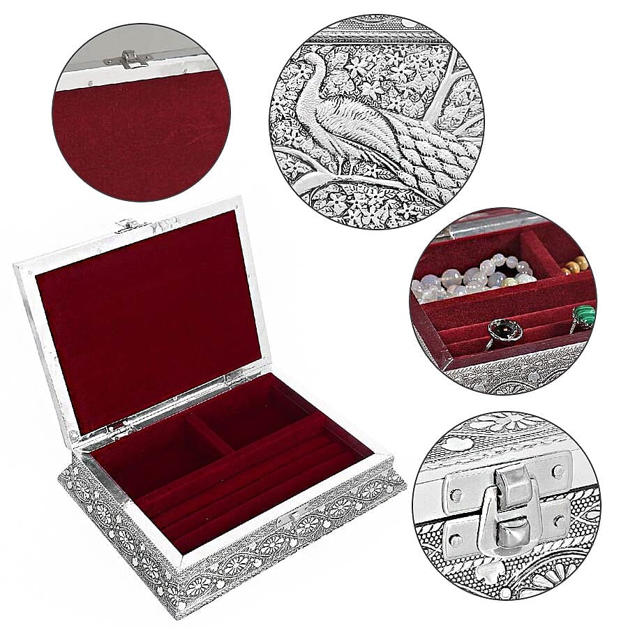 3D Embossed Collection Handcrafted Peacock Oxidised Jewellery Box (Size 23x17.7 Cm) with Red Velvet Interior