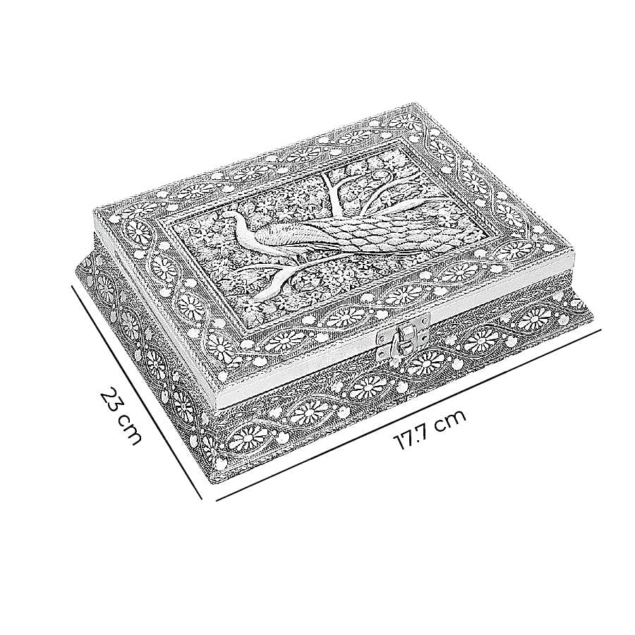 3D Embossed Collection Handcrafted Peacock Oxidised Jewellery Box (Size 23x17.7 Cm) with Red Velvet Interior