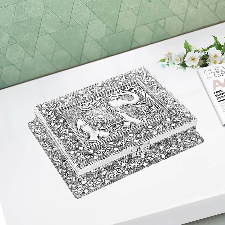 3D Embossed Collection Handcrafted Elephant Oxidised Jewellery Box (Size 23x17.7 Cm) with Blue Velvet Interior