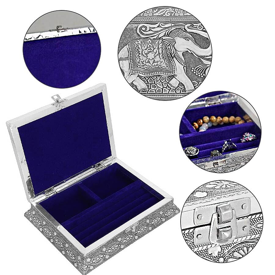 3D Embossed Collection Handcrafted Elephant Oxidised Jewellery Box (Size 23x17.7 Cm) with Blue Velvet Interior
