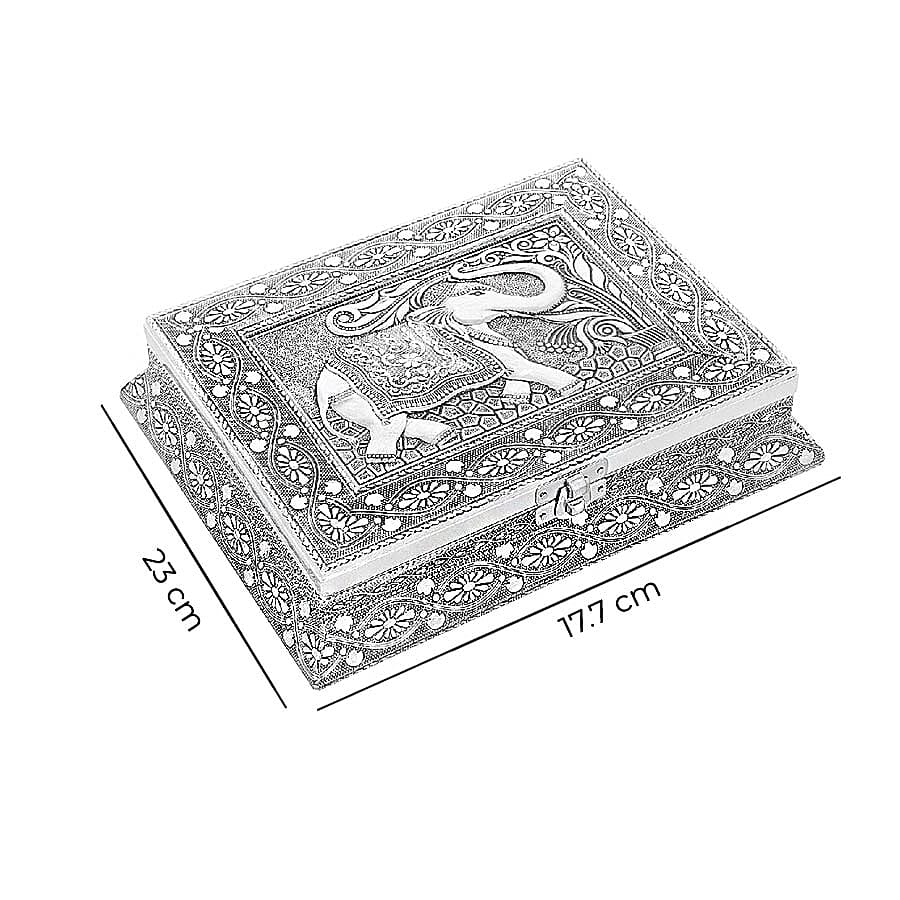 3D Embossed Collection Handcrafted Elephant Oxidised Jewellery Box (Size 23x17.7 Cm) with Blue Velvet Interior