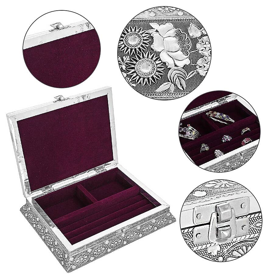 3D Embossed Collection Handcrafted Flower Oxidised Jewellery Box (Size 23x17.7 Cm) with Wine Red Velvet Interior