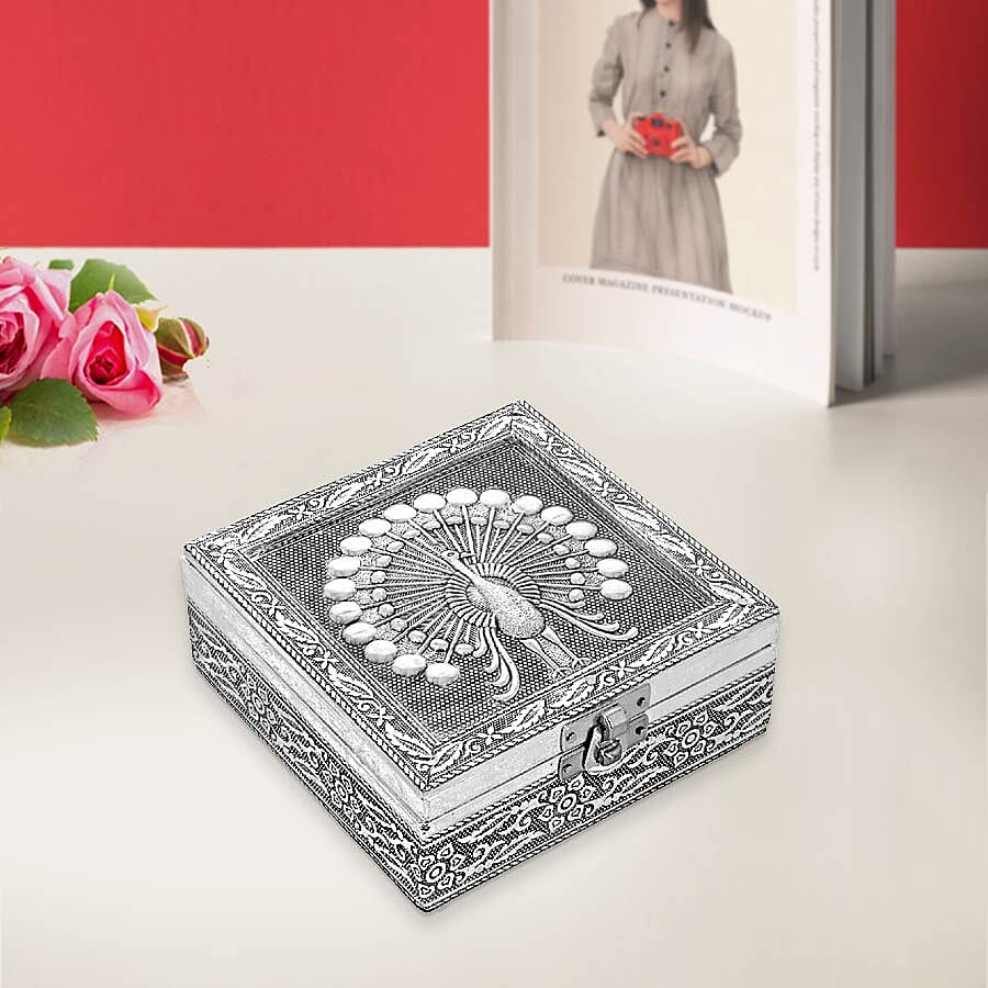 3D Embossed Collection Handcrafted Peacock Oxidised Jewellery Box (Size 12.7x12.7 Cm) with Blue Velvet Interior