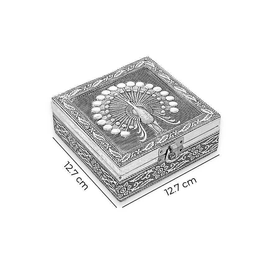 3D Embossed Collection Handcrafted Peacock Oxidised Jewellery Box (Size 12.7x12.7 Cm) with Blue Velvet Interior