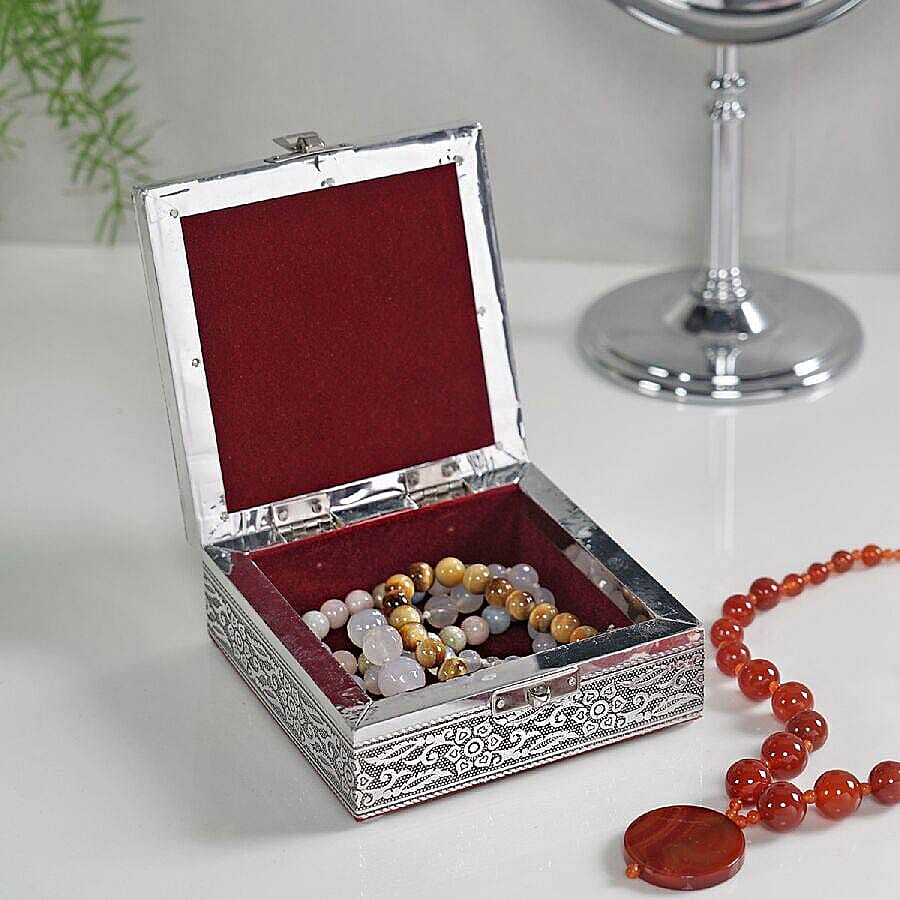 3D Embossed Collection Handcrafted Elephant Oxidised Jewellery Box (Size 12.7x12.7 Cm) with Wine Red Velvet Interior