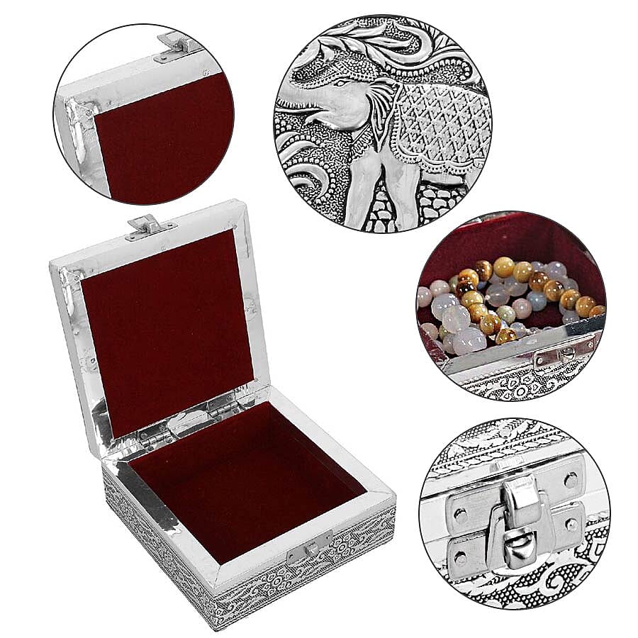 3D Embossed Collection Handcrafted Elephant Oxidised Jewellery Box (Size 12.7x12.7 Cm) with Wine Red Velvet Interior