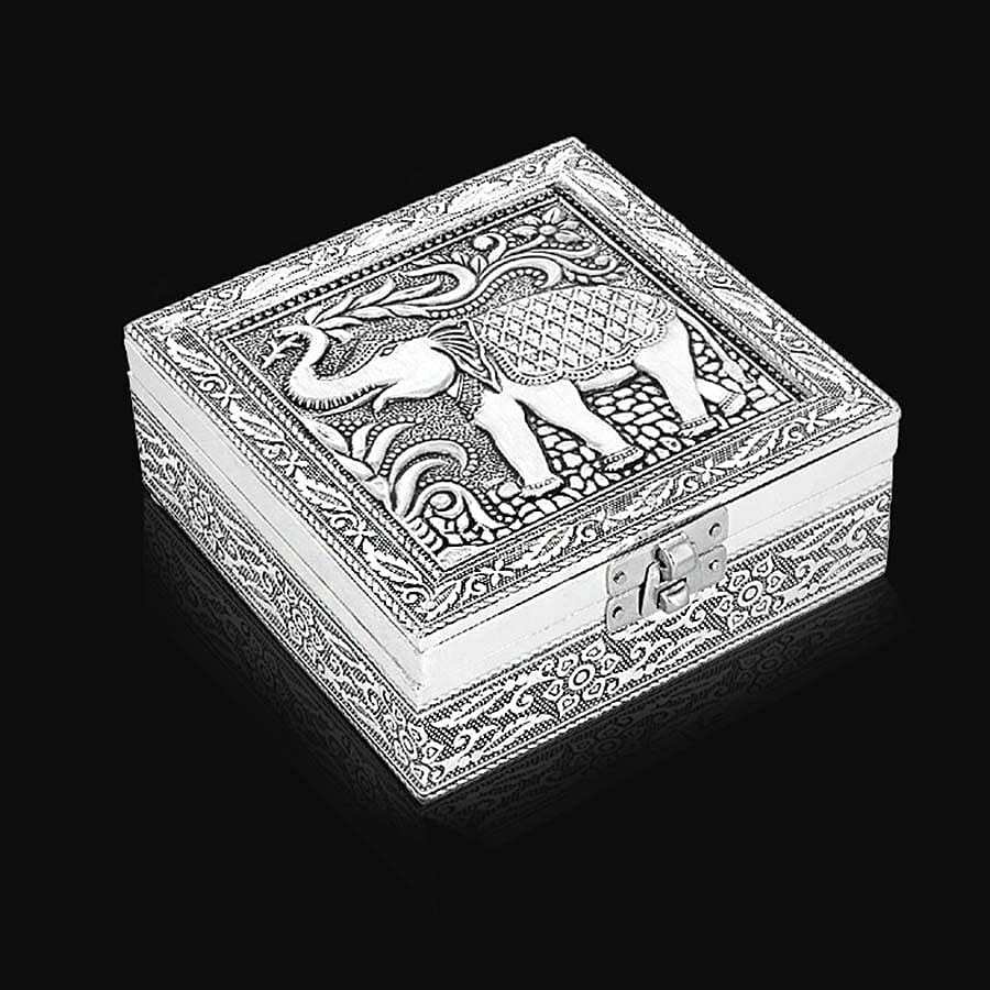 3D Embossed Collection Handcrafted Elephant Oxidised Jewellery Box (Size 12.7x12.7 Cm) with Wine Red Velvet Interior