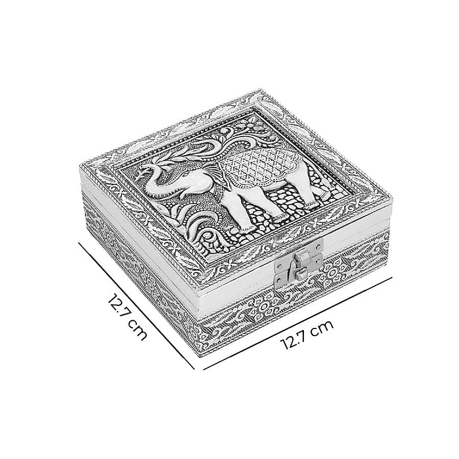 3D Embossed Collection Handcrafted Elephant Oxidised Jewellery Box (Size 12.7x12.7 Cm) with Wine Red Velvet Interior