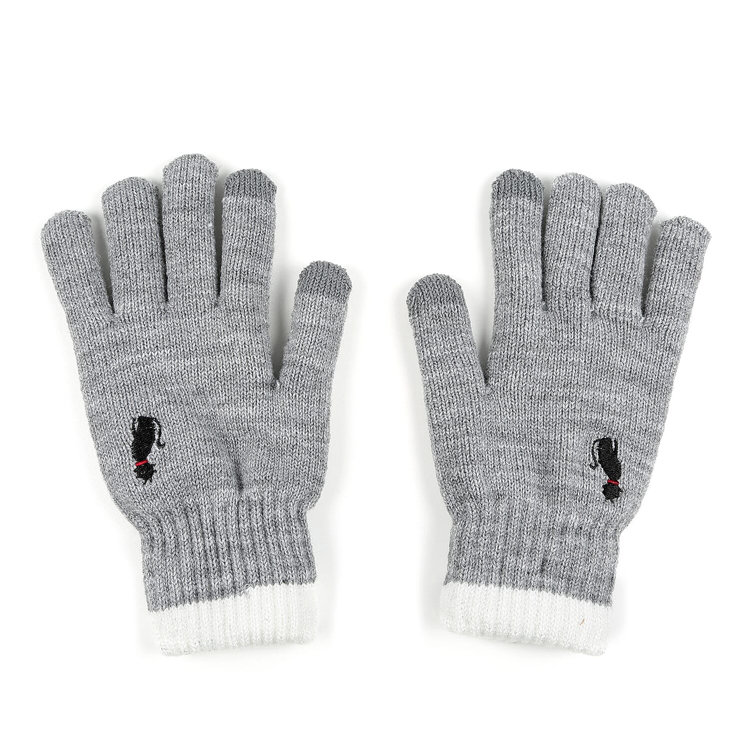 Ladies Warm Gloves with Embroidered Cat (One Size) - Light Grey