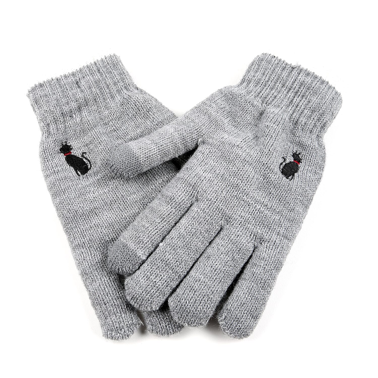Ladies Warm Gloves with Embroidered Cat (One Size) - Light Grey