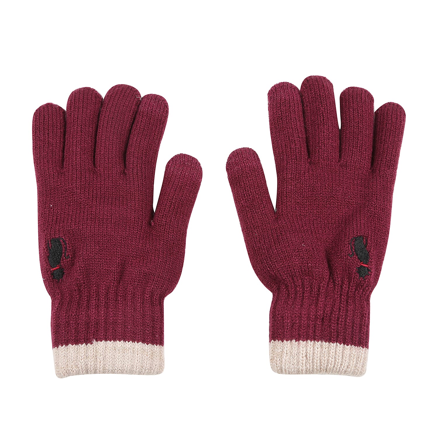 Ladies Warm Gloves with Embroidered Cat (One Size) - Red