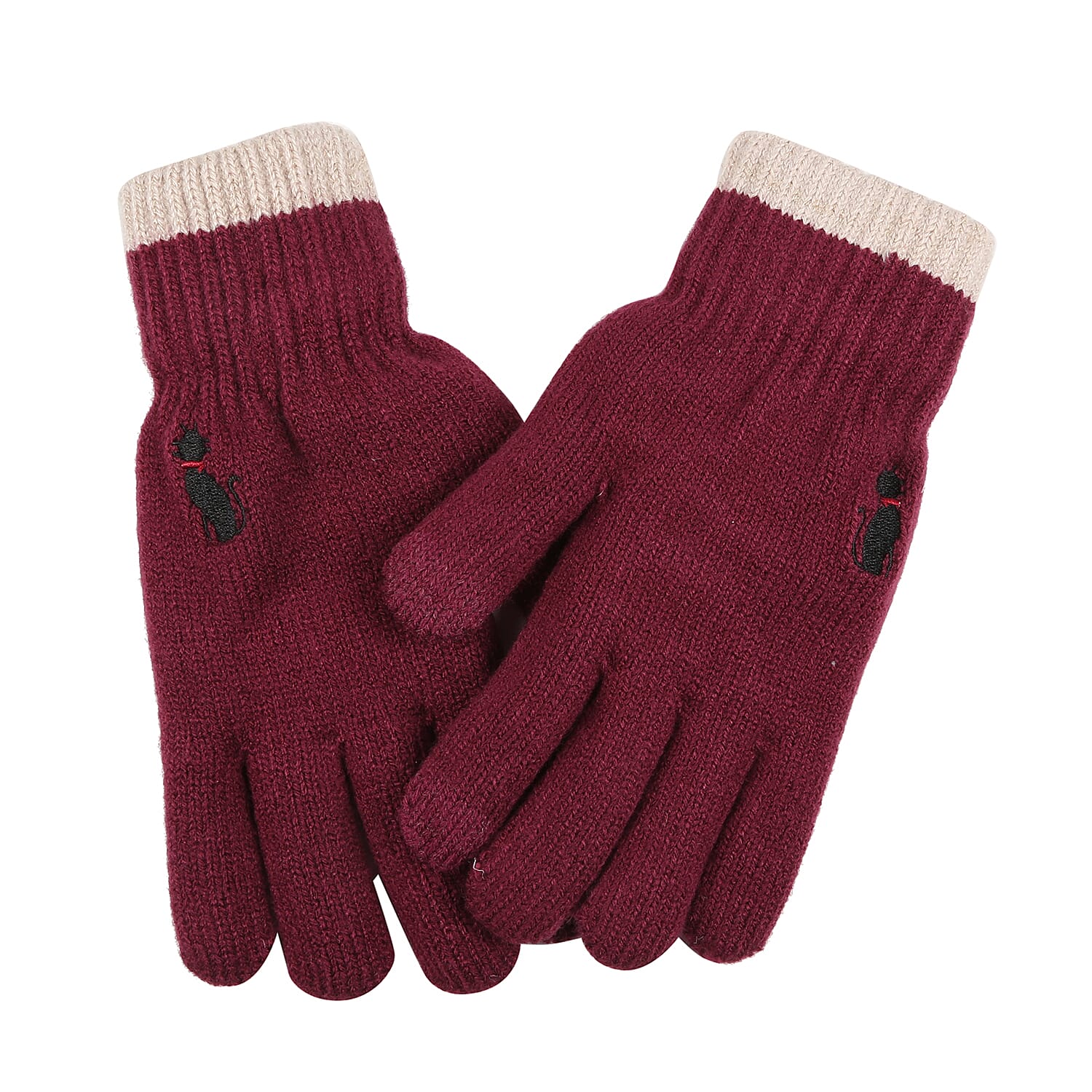 Ladies Warm Gloves with Embroidered Cat (One Size) - Red
