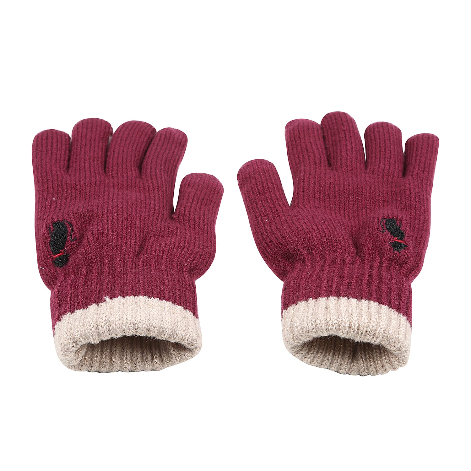 Ladies Warm Gloves with Embroidered Cat (One Size) - Red