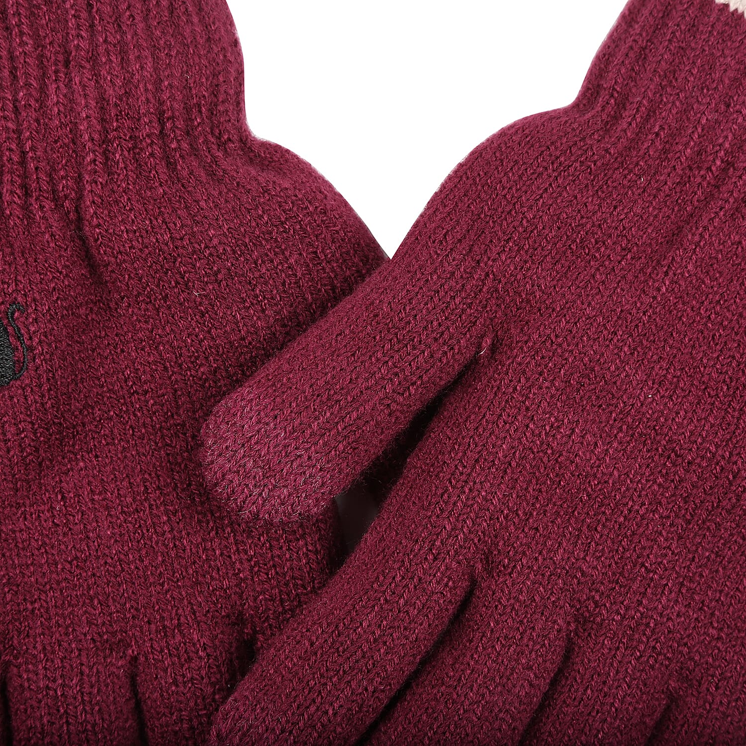 Ladies Warm Gloves with Embroidered Cat (One Size) - Red