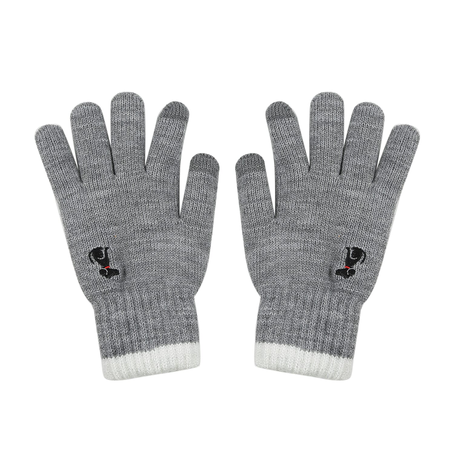 Ladies Warm Gloves with Embroidered Dog(One Size) - Grey