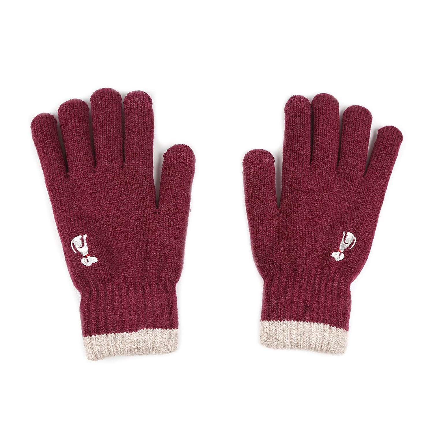 Ladies Warm Gloves with Embroidered Dog (One Size) - Burgundy
