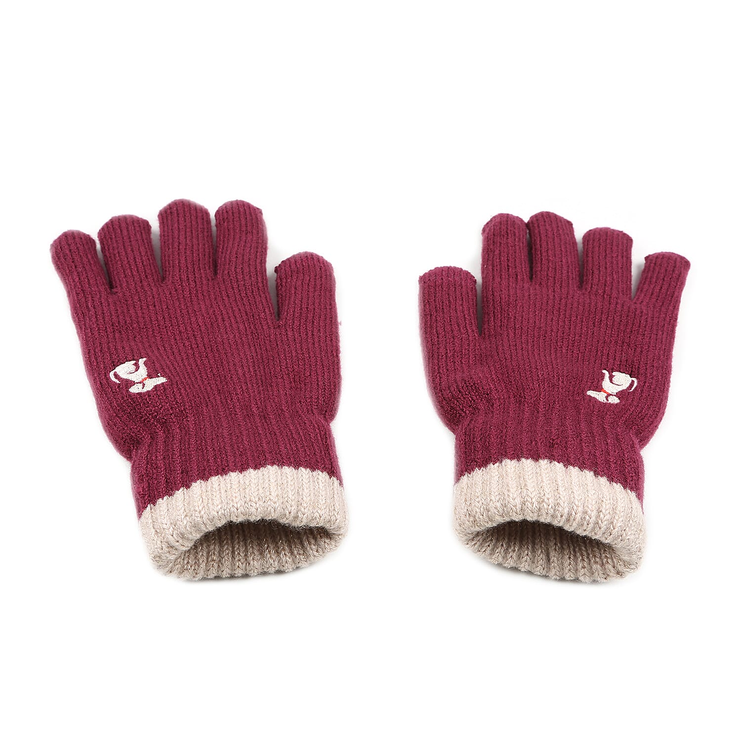 Ladies Warm Gloves with Embroidered Dog (One Size) - Burgundy