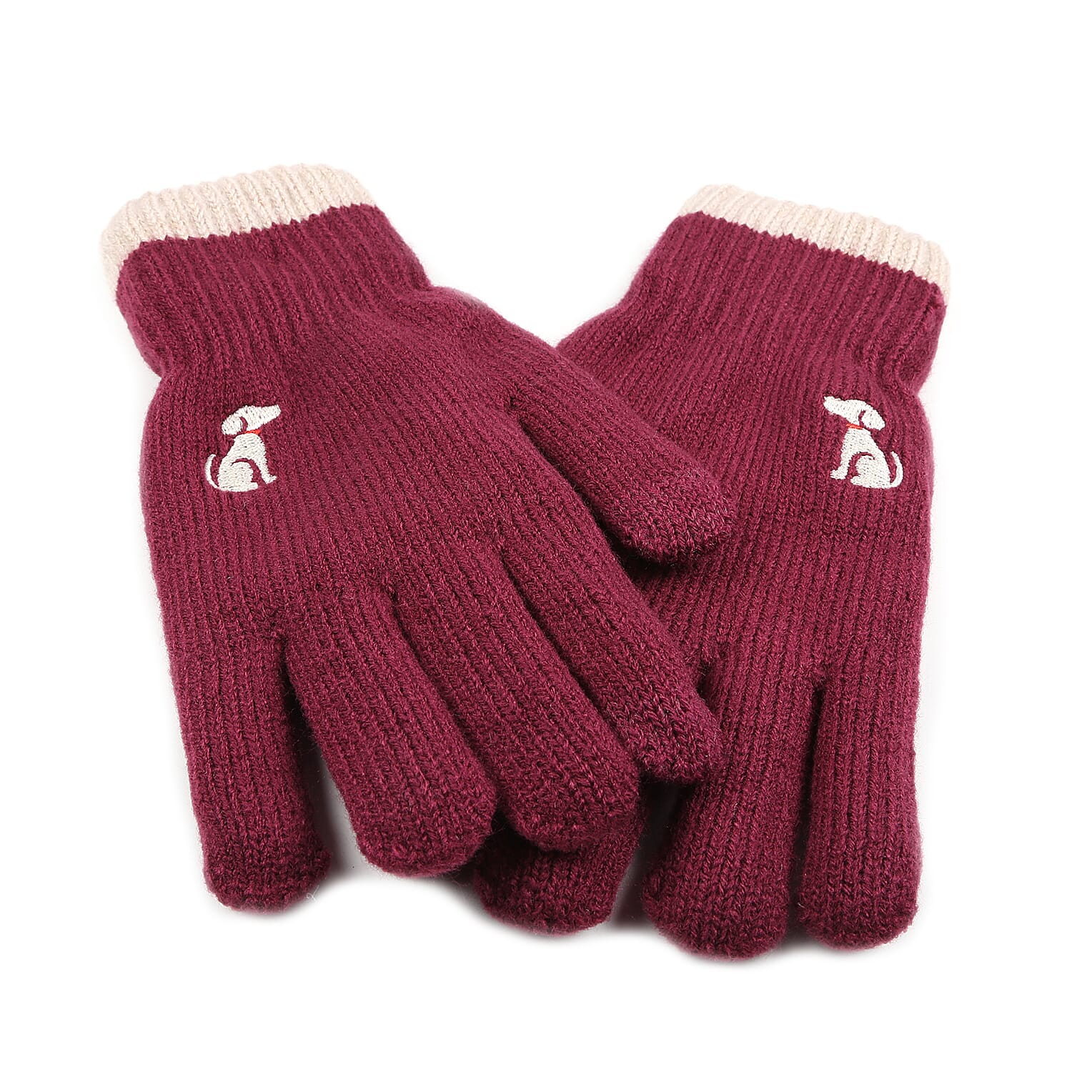 Ladies Warm Gloves with Embroidered Dog (One Size) - Burgundy