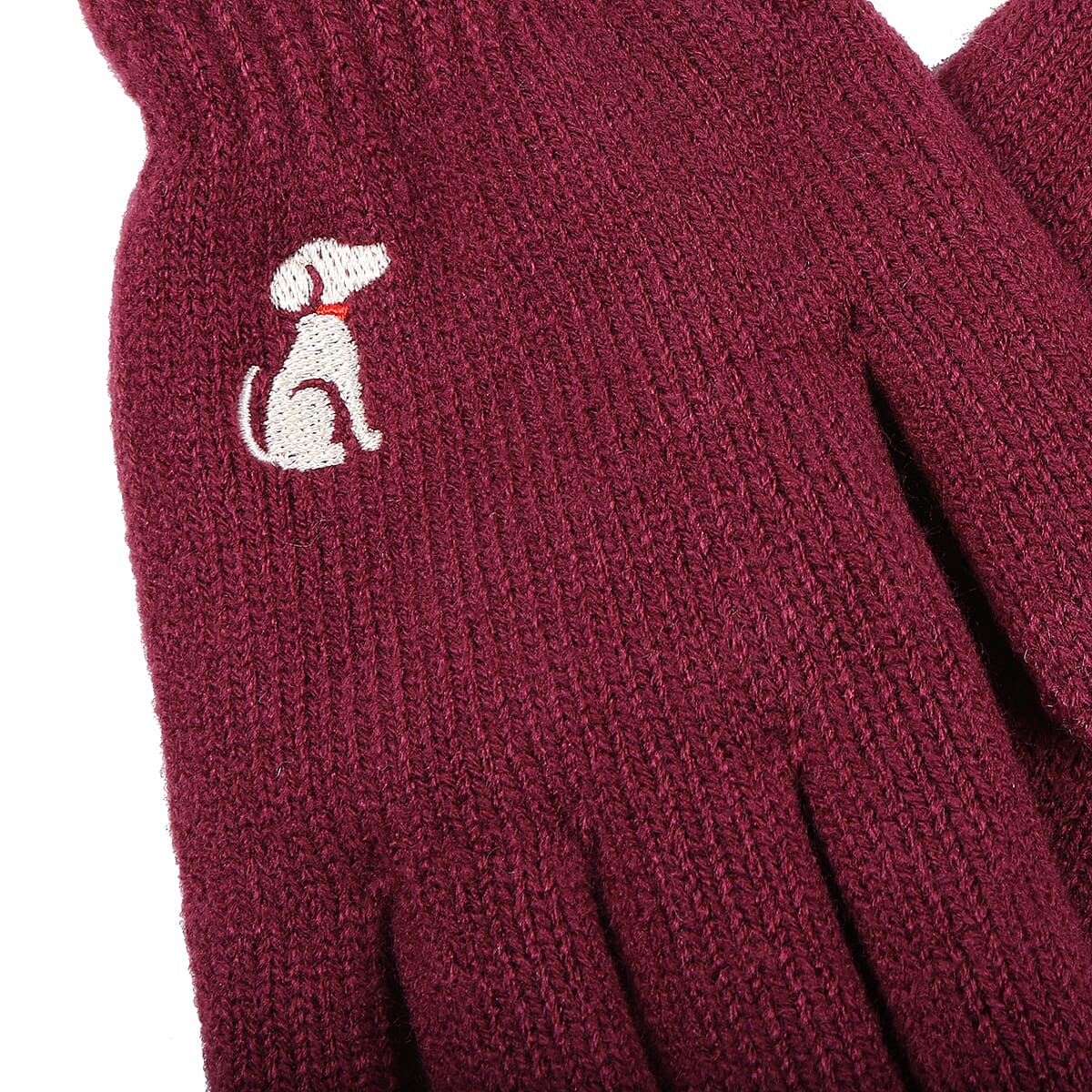 Ladies Warm Gloves with Embroidered Dog (One Size) - Burgundy