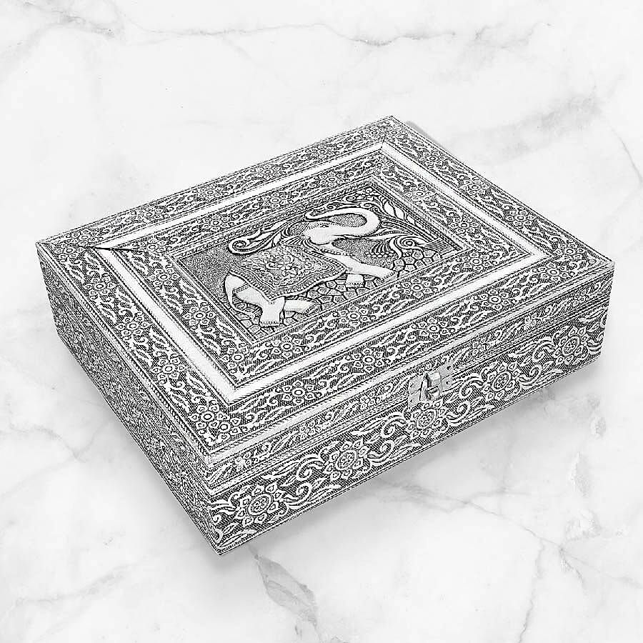 3D Embossed Collection Handcrafted Elephant Oxidised Jewellery Box (Size 28x22.8Cm) with Mirror and Velvet Interior