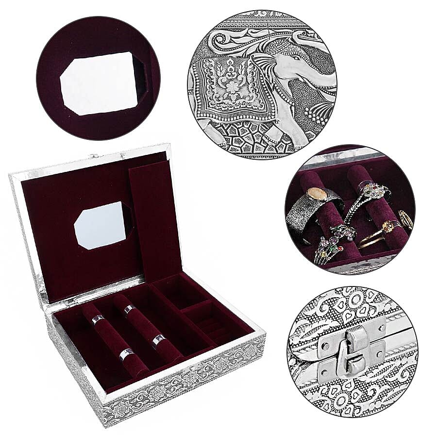 3D Embossed Collection Handcrafted Elephant Oxidised Jewellery Box (Size 28x22.8Cm) with Mirror and Velvet Interior