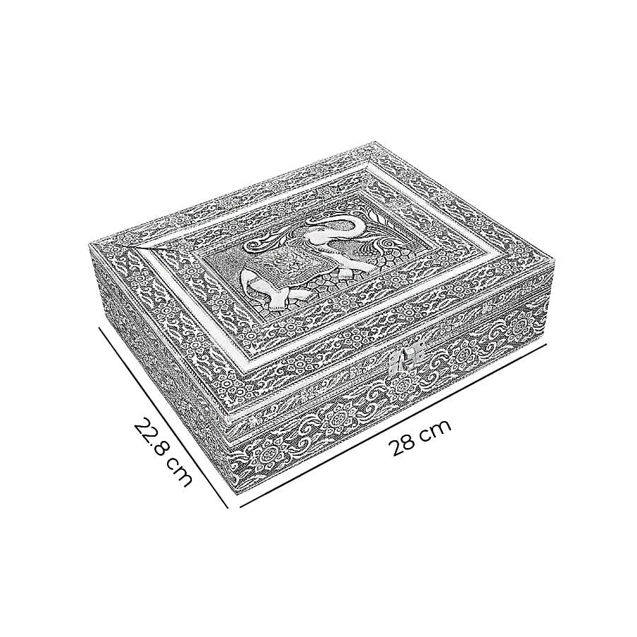 3D Embossed Collection Handcrafted Elephant Oxidised Jewellery Box (Size 28x22.8Cm) with Mirror and Velvet Interior
