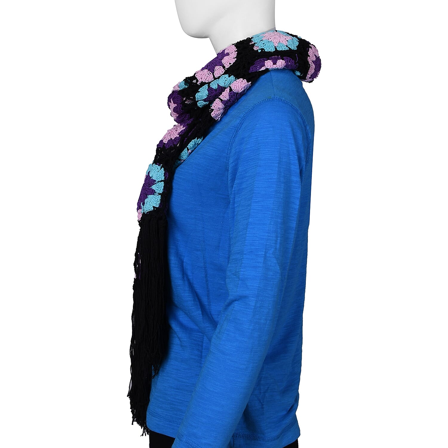 Limited Collection La Marey 100% Cotton Hand Crochet Sky Blue, Black and Multi Colour Floral Scarf (Size160x86x18 cm)