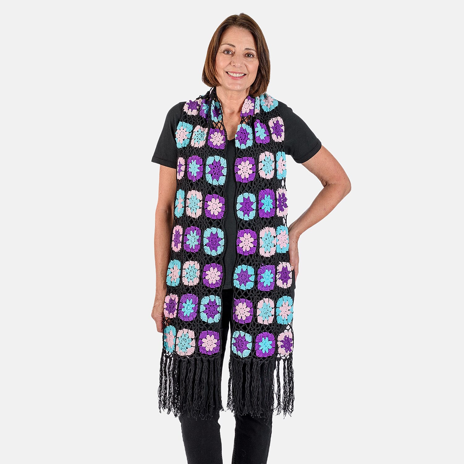 Limited Collection La Marey 100% Cotton Hand Crochet Sky Blue, Black and Multi Colour Floral Scarf (Size160x86x18 cm)