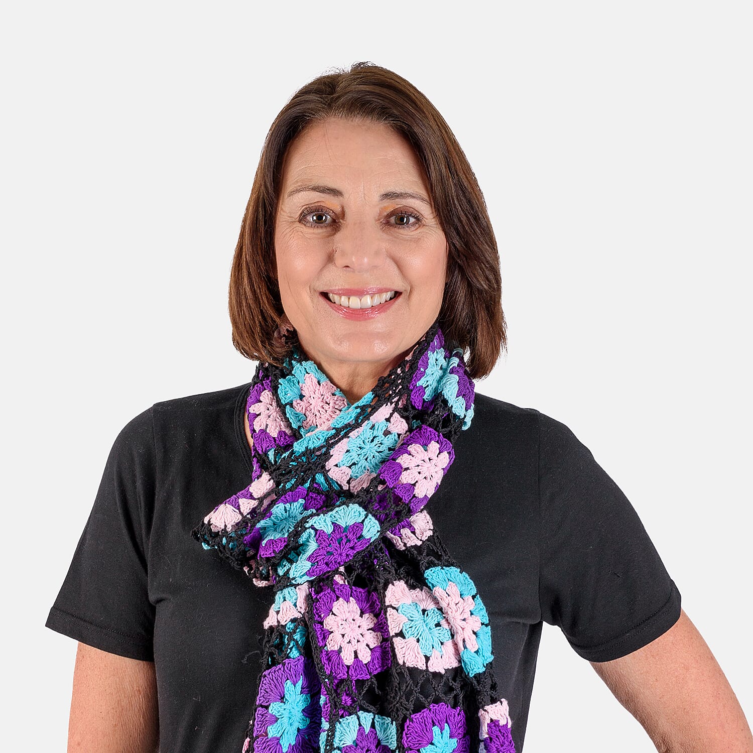 Limited Collection La Marey 100% Cotton Hand Crochet Sky Blue, Black and Multi Colour Floral Scarf (Size160x86x18 cm)