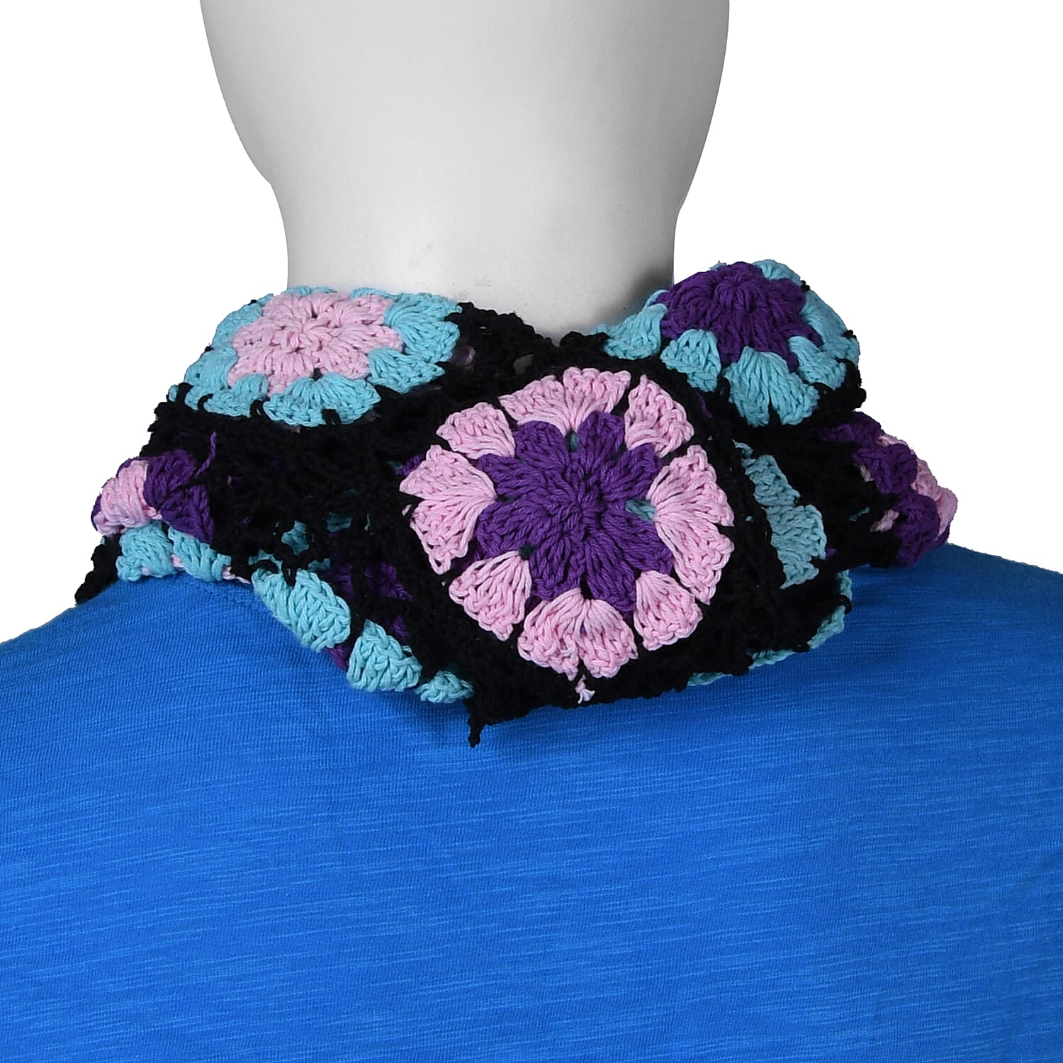 Limited Collection La Marey 100% Cotton Hand Crochet Sky Blue, Black and Multi Colour Floral Scarf (Size160x86x18 cm)