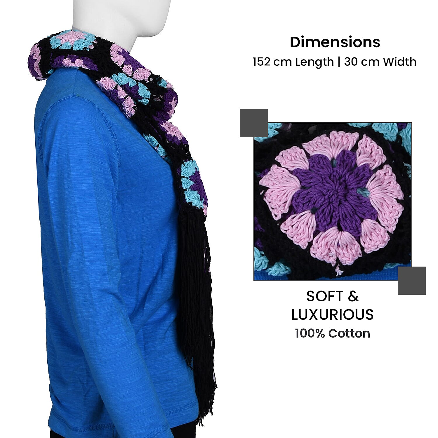 Limited Collection La Marey 100% Cotton Hand Crochet Sky Blue, Black and Multi Colour Floral Scarf (Size160x86x18 cm)