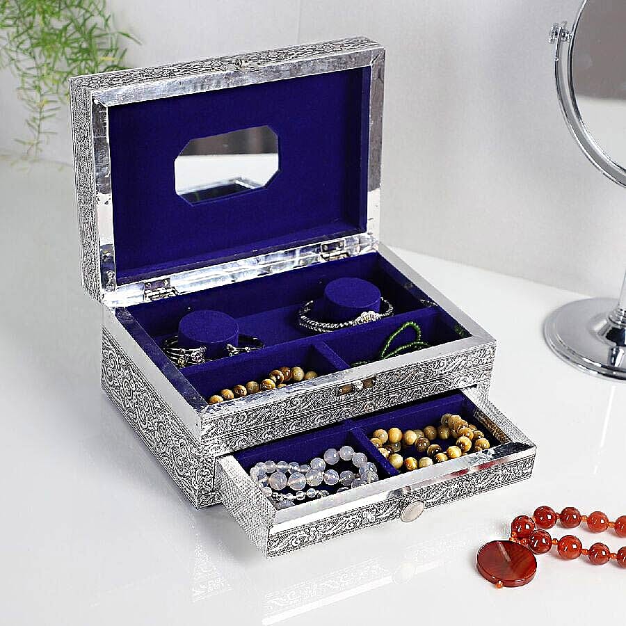 3D Embossed Collection Handcrafted Peacock Design Oxidised Jewellery Box with Drawer Chest (Size 22.8x15.2cm)