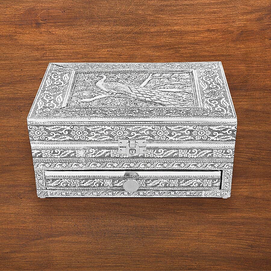 3D Embossed Collection Handcrafted Peacock Design Oxidised Jewellery Box with Drawer Chest (Size 22.8x15.2cm)